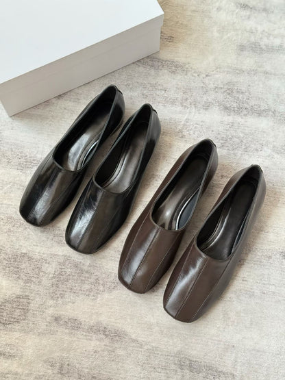 Square Toe Leather Block Heel Pumps