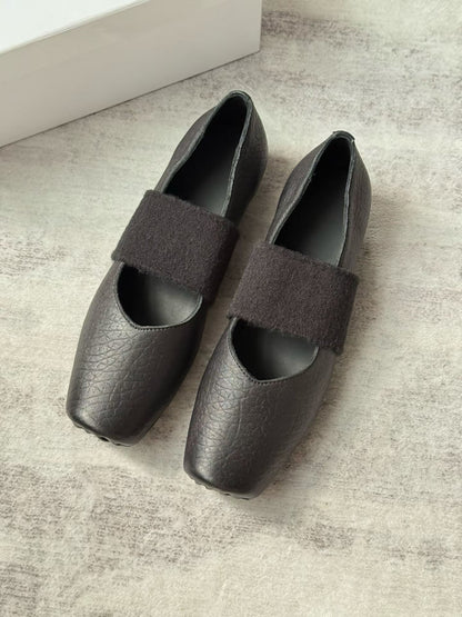Square Toe Strap Leather Ballet Flats