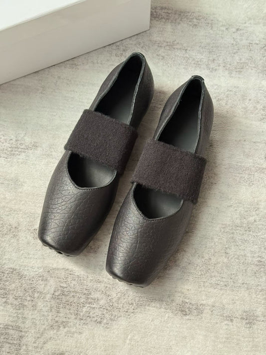 Square Toe Strap Leather Ballet Flats