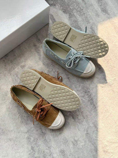 Suede Chain Detail Leather Loafers
