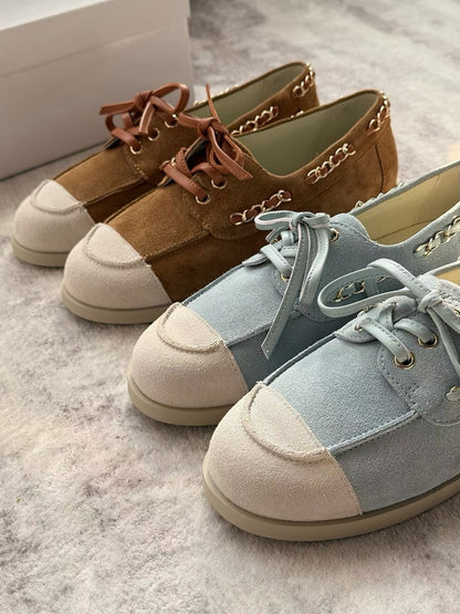 Suede Chain Detail Leather Loafers