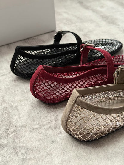 Crystal Mesh Leather Mary Jane Flats
