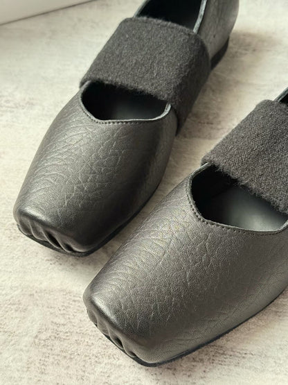 Square Toe Strap Leather Ballet Flats
