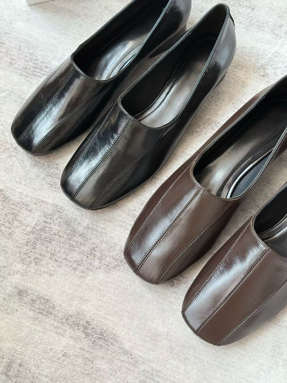 Square Toe Leather Block Heel Pumps