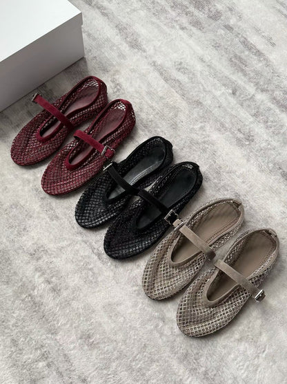 Crystal Mesh Leather Mary Jane Flats