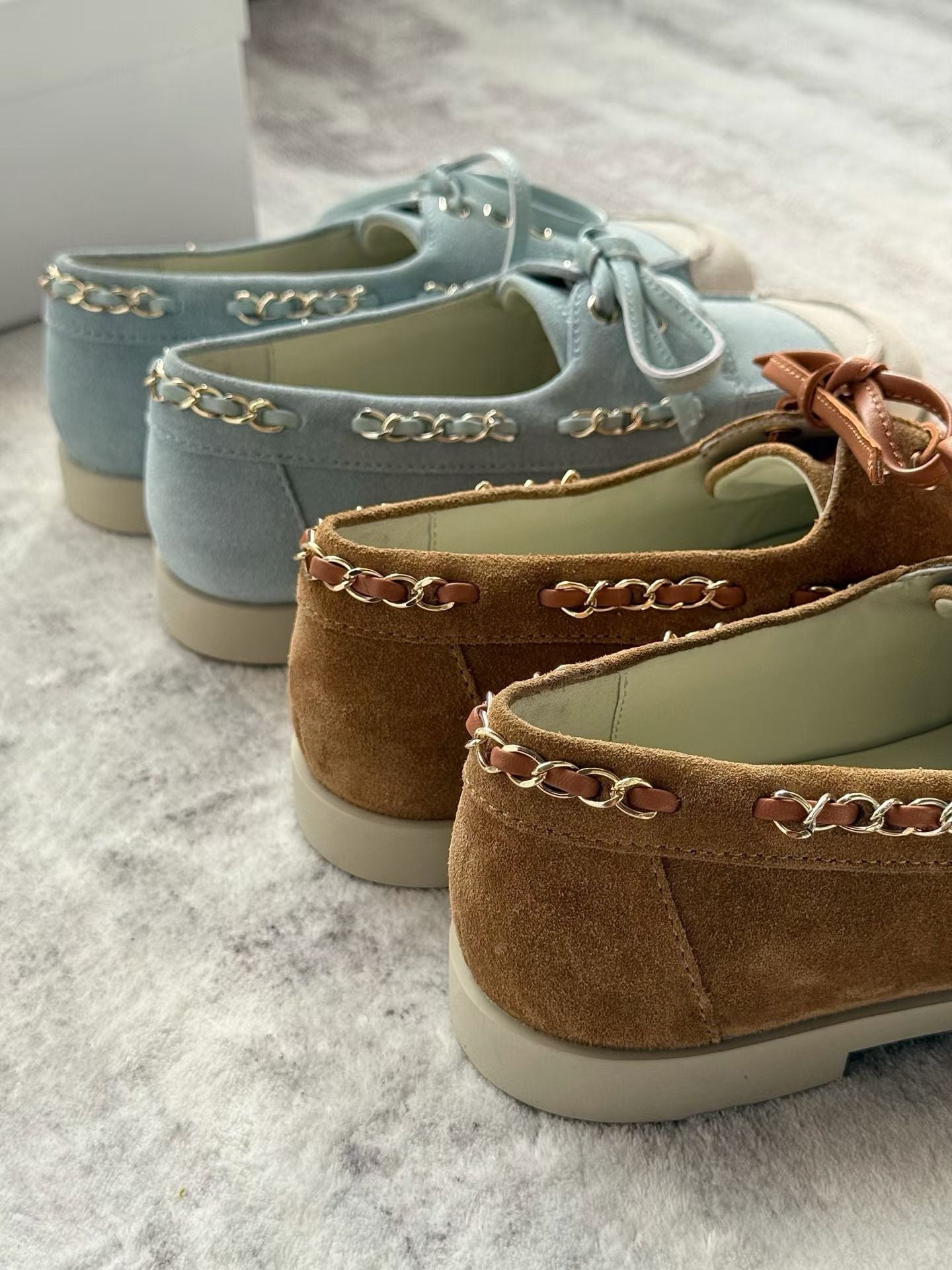 Suede Chain Detail Leather Loafers