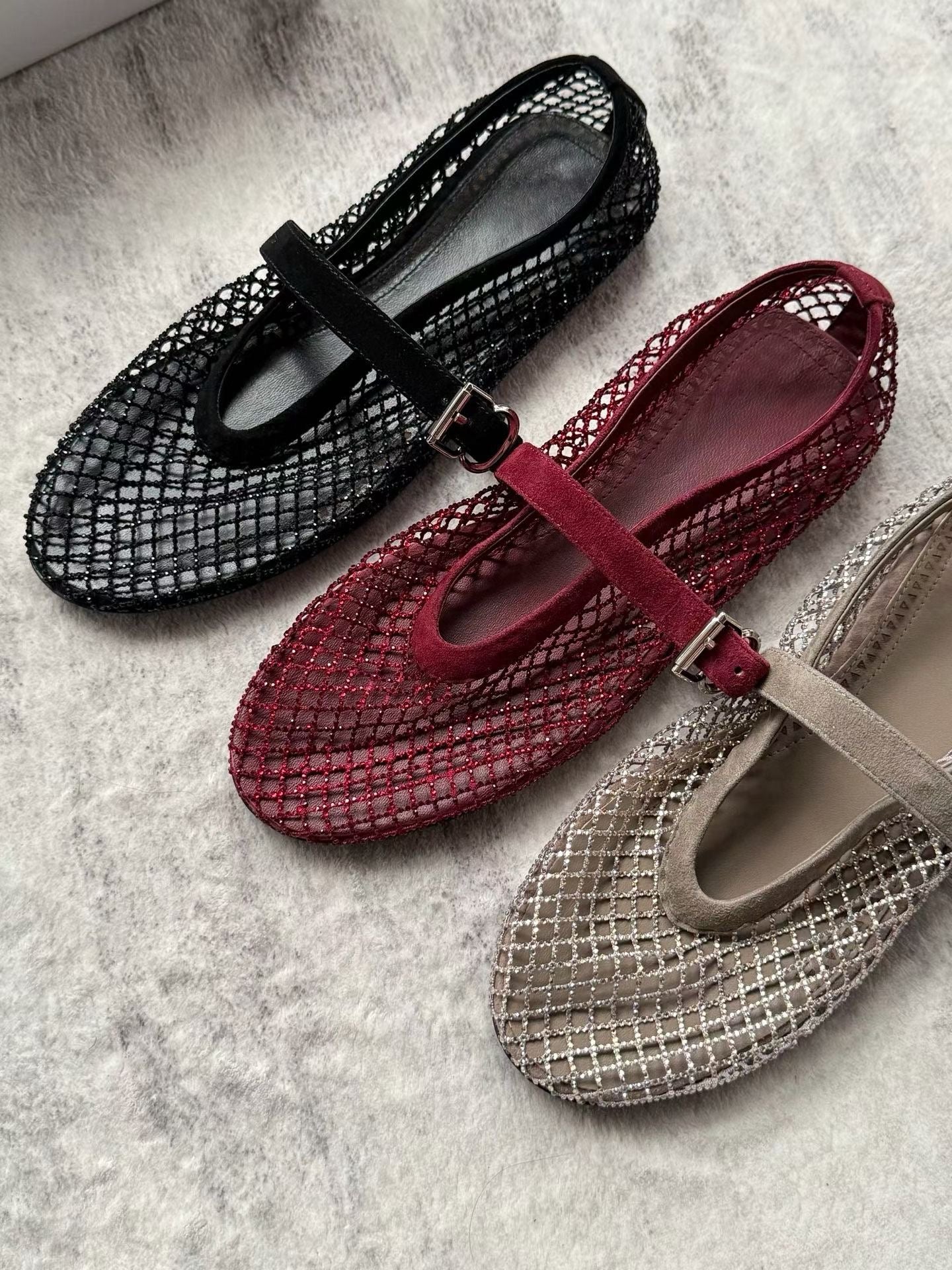 Crystal Mesh Leather Mary Jane Flats