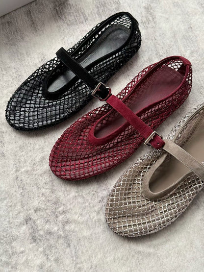 Crystal Mesh Leather Mary Jane Flats