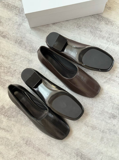 Square Toe Leather Block Heel Pumps