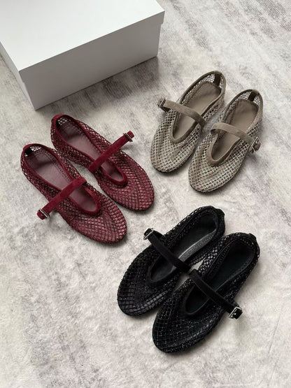Crystal Mesh Leather Mary Jane Flats