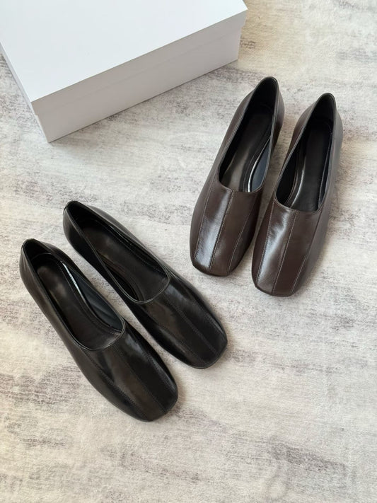 Square Toe Leather Block Heel Pumps