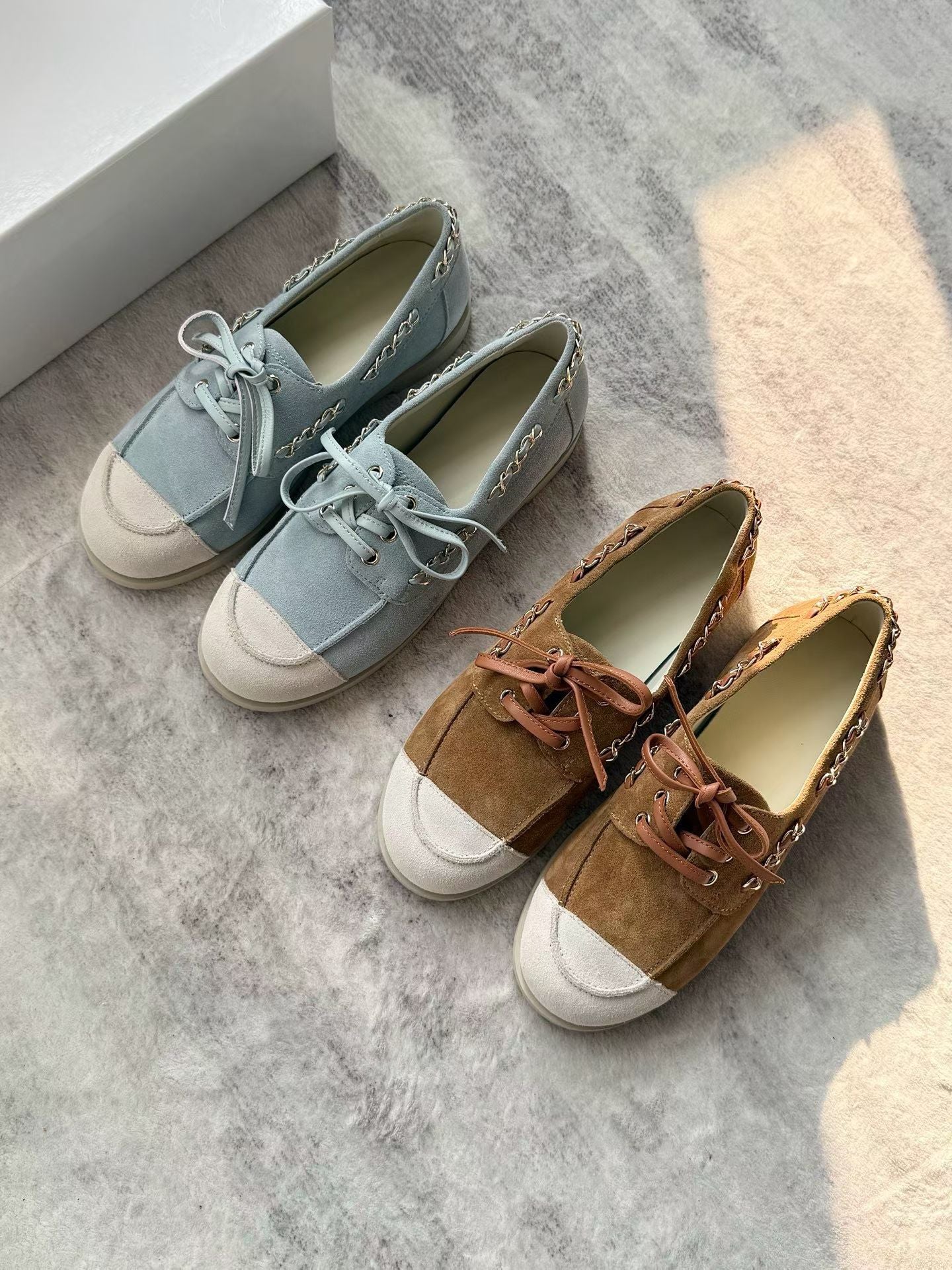 Suede Chain Detail Leather Loafers