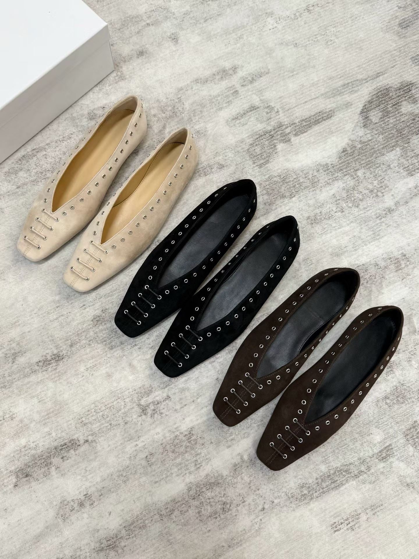 Studded Square Toe Suede Ballet Flats