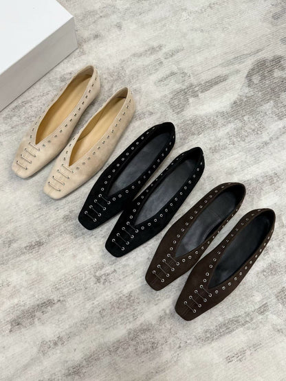 Studded Square Toe Suede Ballet Flats