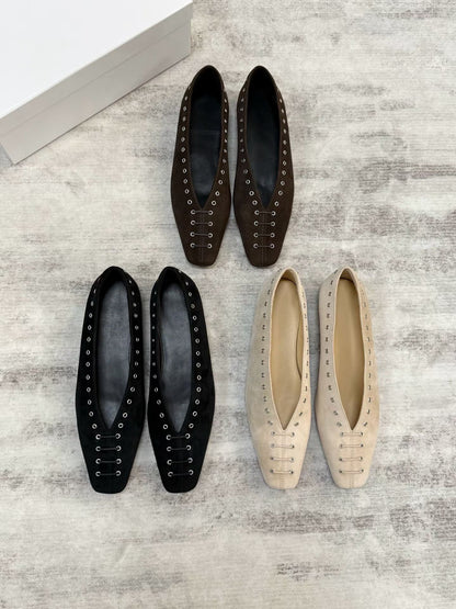Studded Square Toe Suede Ballet Flats