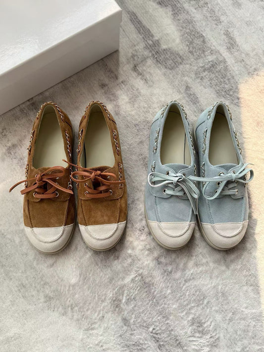 Suede Chain Detail Leather Loafers
