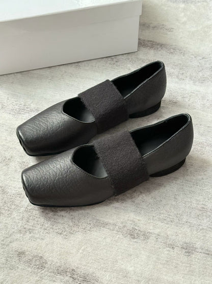 Square Toe Strap Leather Ballet Flats